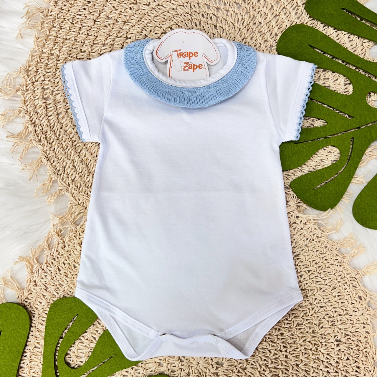 Body Branco com Gola Tricot - Azul